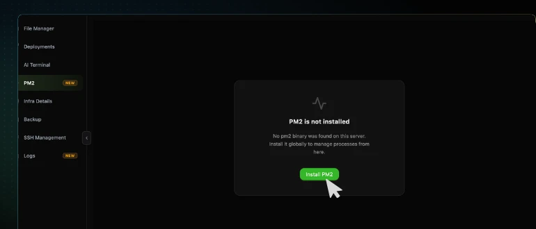 The PM2 is not installed empty state in CtrlOps, reading that no pm2 binary was found on this server, with the cursor on the green Install PM2 button