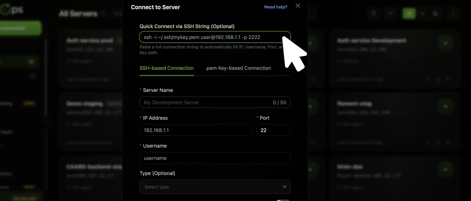 CtrlOps Connect to Server form with a full ssh command pasted into the Quick Connect via SSH String field