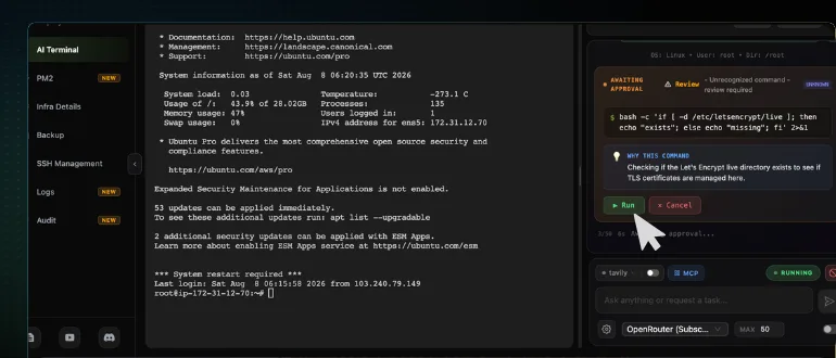 An Awaiting approval card in the CtrlOps AI Terminal showing the proposed fix command, a Why this command explanation, and the Run and Cancel buttons