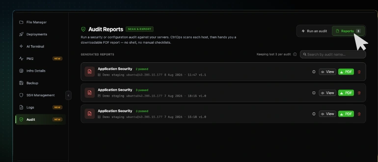 The Reports tab in CtrlOps listing past audit runs for a server, each with its date and score