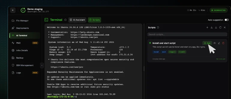 The Scripts panel in the CtrlOps terminal with the cursor on the green Run button of a saved script card