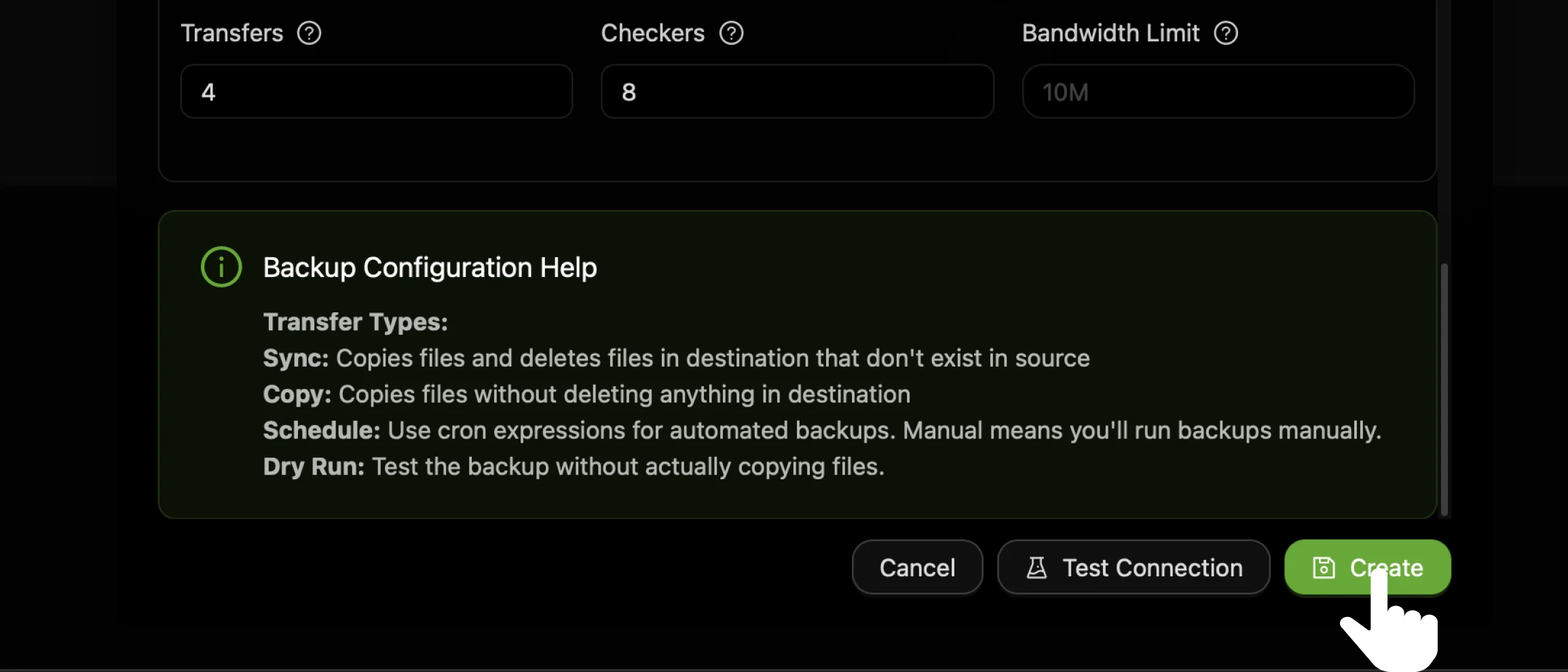 The bottom of the CtrlOps Create Backup Job form with the cursor on the green Create button at the bottom right, next to Test Connection and Cancel