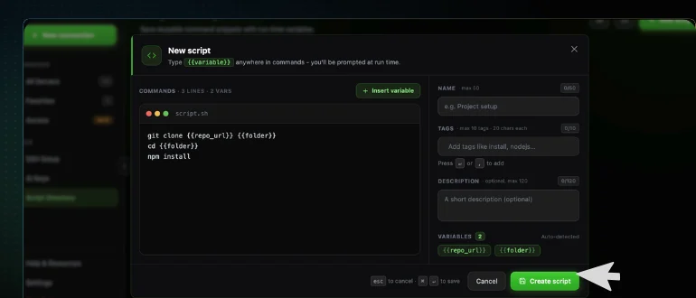 The CtrlOps New script form with the commands editor on the left, the Name, Tags and Description fields plus auto-detected variables on the right, and the cursor on the green Create script button