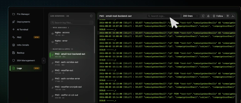 The CtrlOps log viewer toolbar with the cursor on the Search logs box, beside the line-count dropdown, refresh, and Follow controls