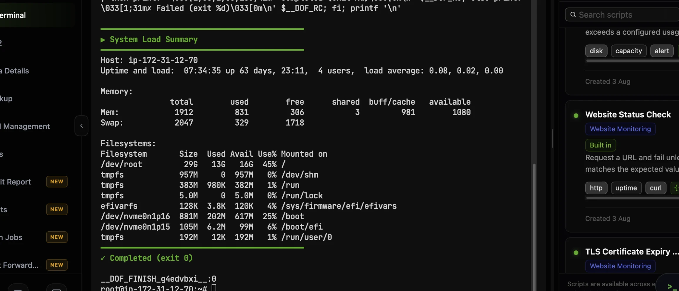 The CtrlOps terminal showing the output of the System Load Summary script between green header and footer rules: host, uptime and load, a memory table, a filesystems table, and a Completed (exit 0) line, with the Scripts panel still open on the right