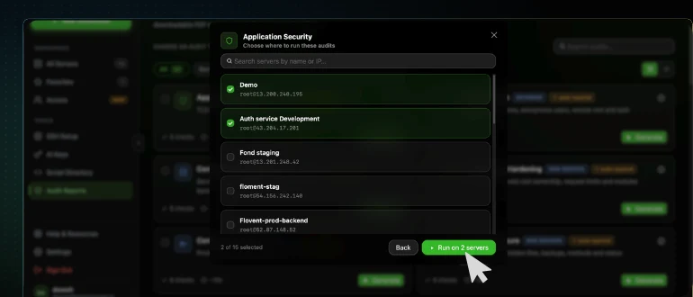 The CtrlOps server picker listing saved servers with checkboxes and the Run on N servers button