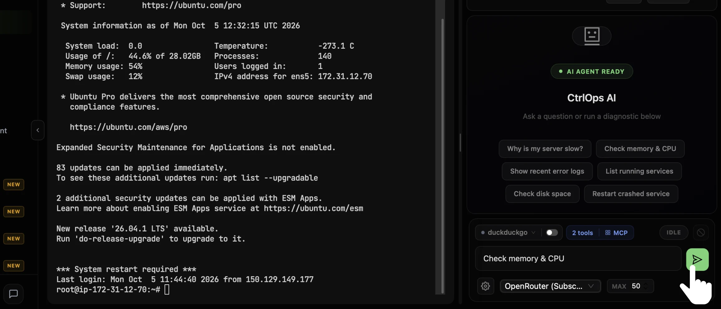 The AI Assistant panel in the CtrlOps terminal with a question typed in the input box and the cursor on the green send arrow to its right