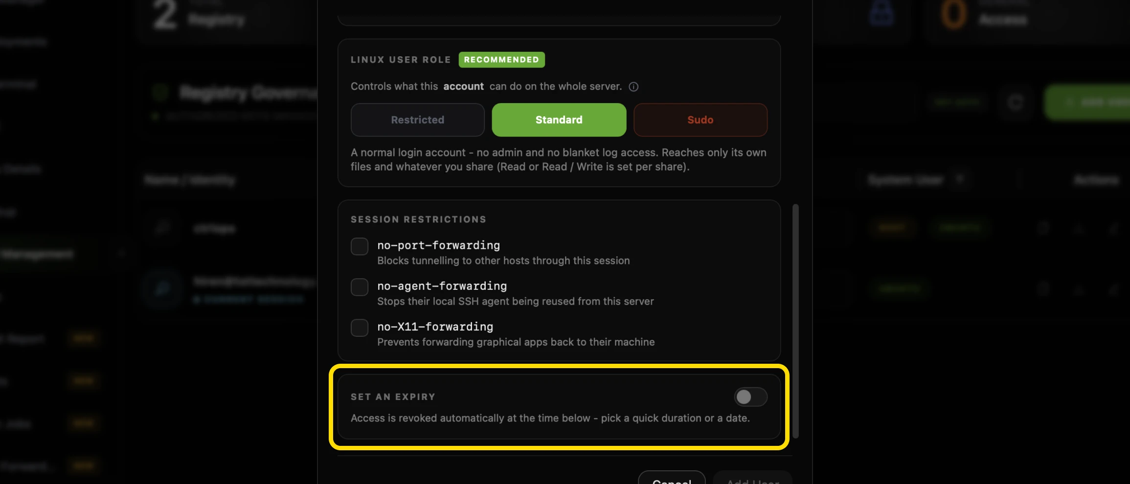 The Set an expiry section at the bottom of the CtrlOps Add User modal highlighted, with its toggle off and the note that access is revoked automatically at the time below, pick a quick duration or a date, above the Cancel and Add User buttons