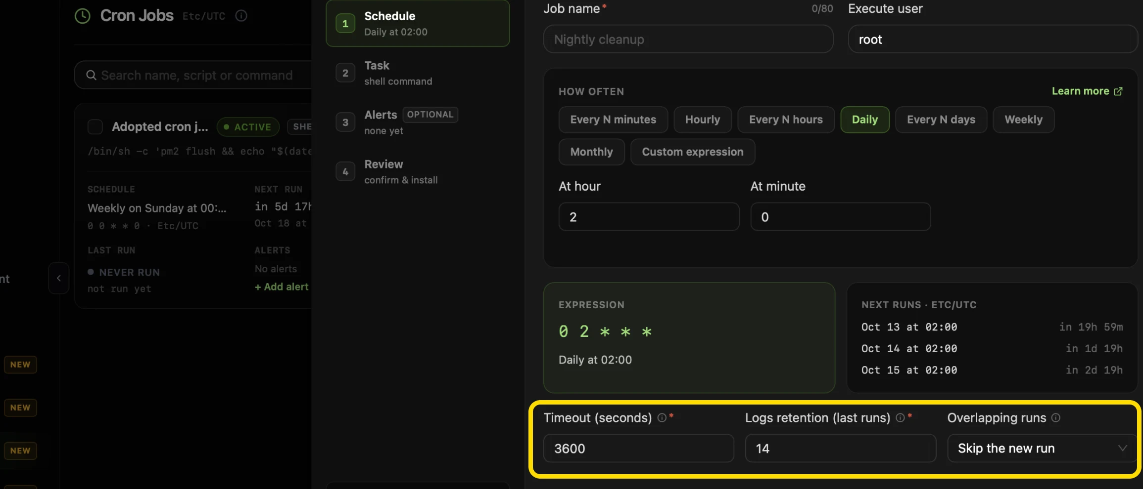 Step 1 of the CtrlOps new cron job panel with the Timeout (seconds) field set to 3600, Logs retention (last runs) set to 14 and Overlapping runs set to Skip the new run highlighted below the expression preview and next runs