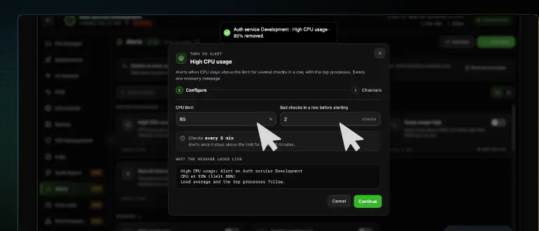 The Turn on alert panel for High CPU usage on the Configure step, with cursors on CPU limit set to 85 percent and Bad checks in a row before alerting set to 2, the Checks every 5 min note below them, a preview of the alert message under What the message looks like, and the Cancel and Continue buttons