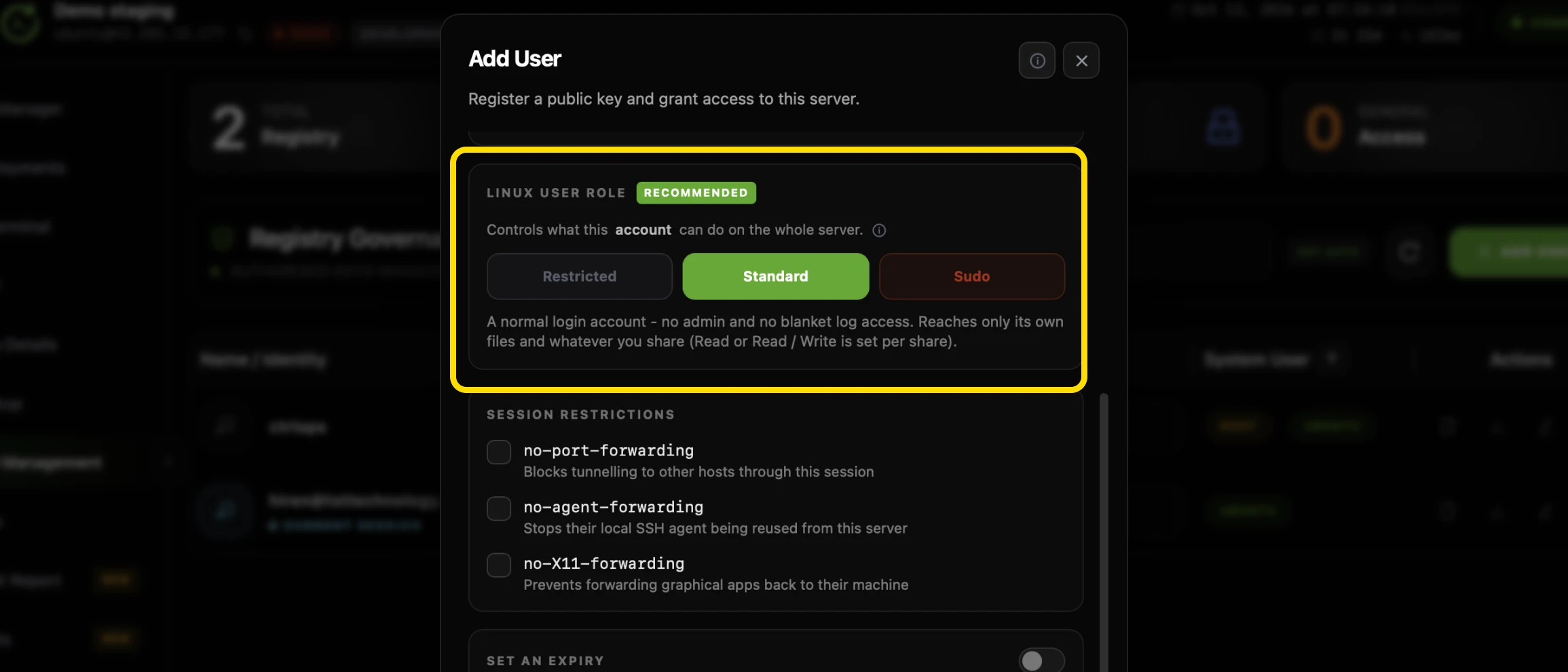 The Linux User Role section of the CtrlOps Add User modal highlighted, marked Recommended, with Restricted, Standard and Sudo buttons, Standard selected, and a line explaining it is a normal login account with no admin and no blanket log access
