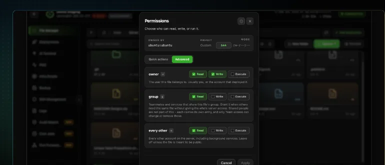 The CtrlOps Permissions dialog reading mode 644, with read, write and execute checkboxes for owner, group and every other account on the server