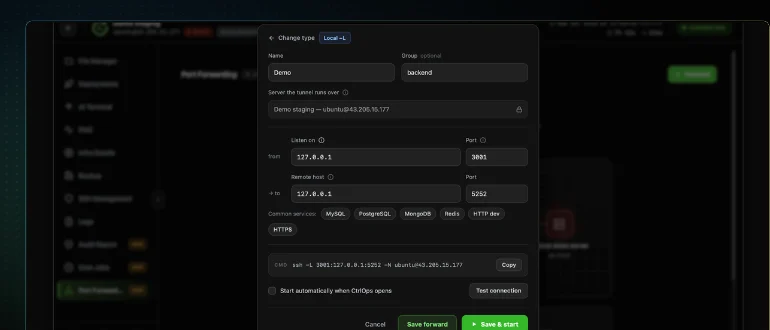 The CtrlOps forward form with Listen on set to port 3001, Remote host to 127.0.0.1 port 5252, the common service chips, and the ssh -L command preview above Test connection