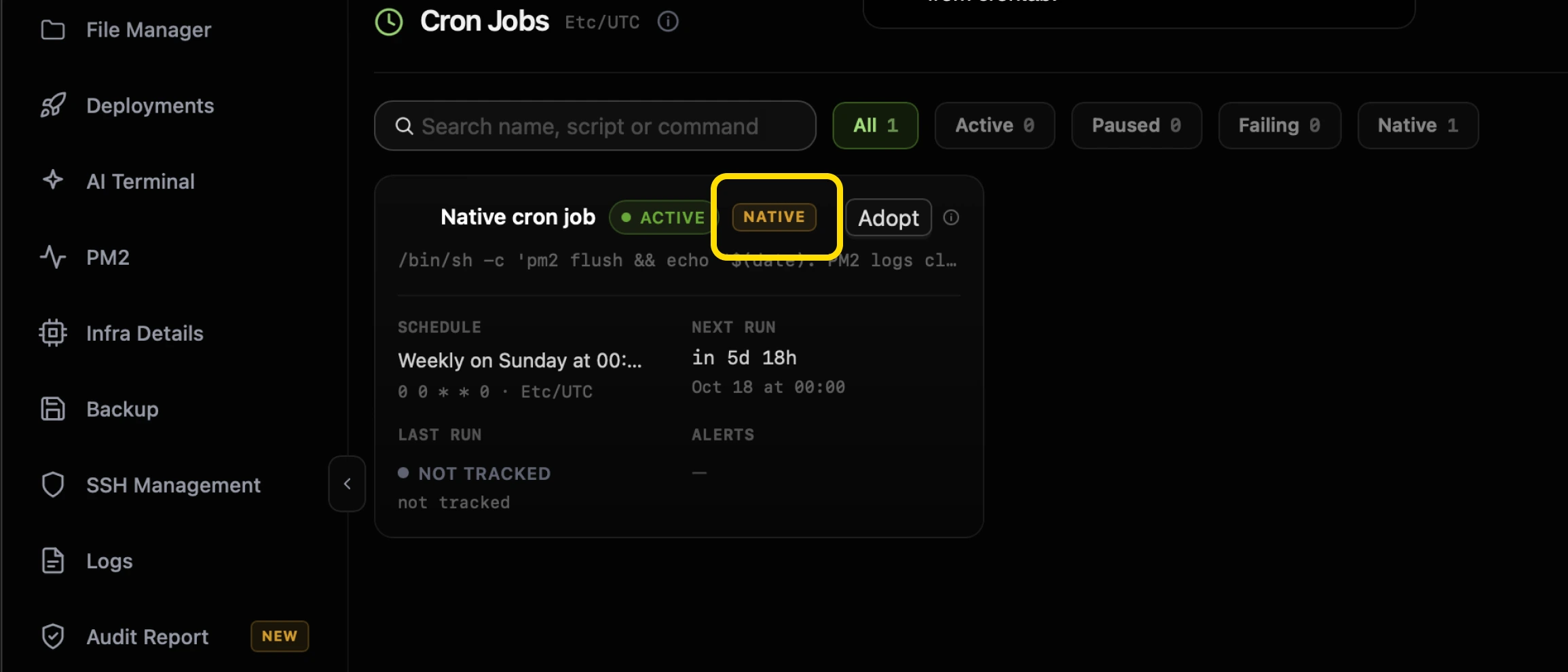 A CtrlOps job card titled Native cron job with its NATIVE badge highlighted next to the ACTIVE badge and an Adopt button, a weekly schedule, and NOT TRACKED under LAST RUN