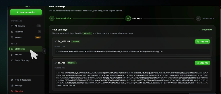 The CtrlOps SSH Setup wizard with SSH Setup selected under TOOLS in the left sidebar, the three-step progress bar showing SSH Installation complete and SSH Keys in progress, and the keys found in the ~/.ssh folder listed below with Copy Key buttons