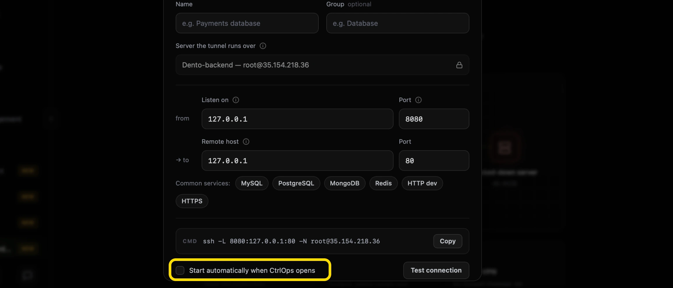 The bottom of the CtrlOps Create port forward form with the Start automatically when CtrlOps opens checkbox highlighted, below the ssh -L command preview and beside the Test connection button