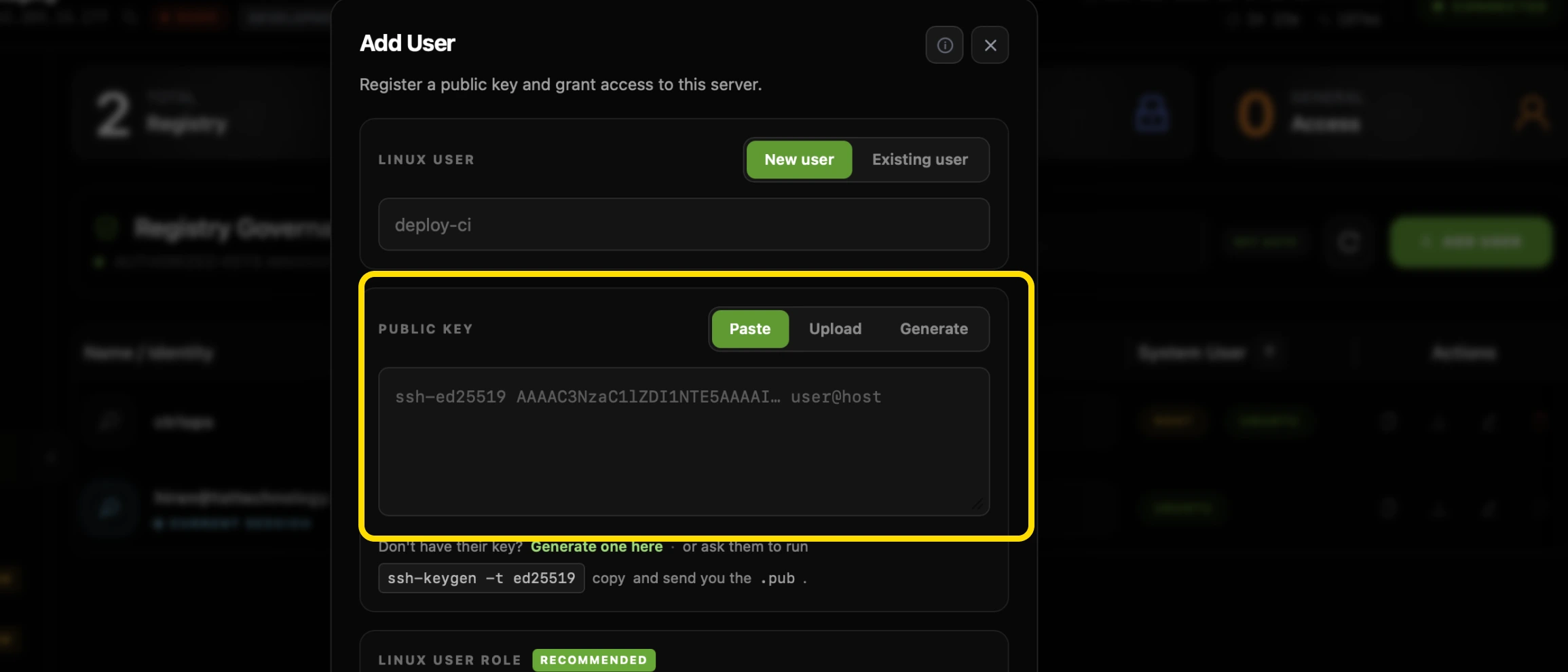 The Public Key section of the CtrlOps Add User modal highlighted, with Paste, Upload and Generate tabs, a text area for the ssh-ed25519 key, and a note offering to generate one or to ask the person to run ssh-keygen -t ed25519 and send the .pub