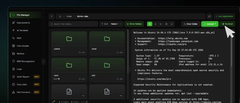 The CtrlOps File Manager with the Terminal button clicked, opening a shell panel beside the file list that is already in the folder being browsed