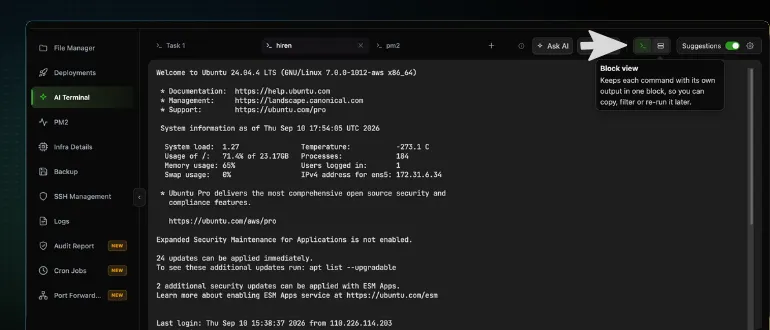 The CtrlOps terminal header with the Block view tooltip open, explaining that Block view keeps each command with its own output in one block so you can copy, filter, or re-run it later