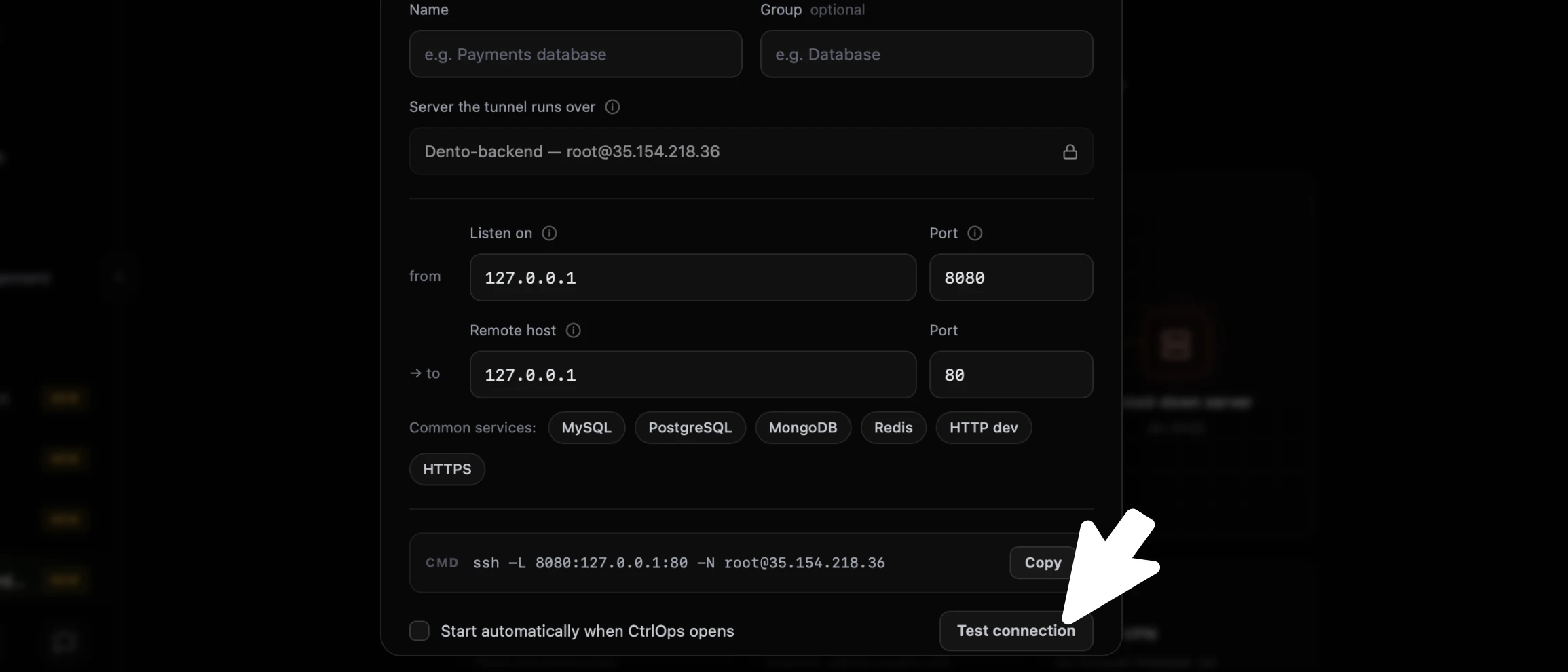 The bottom of the CtrlOps Create port forward form with the command preview reading ssh -L 8080:127.0.0.1:80 -N root@35.154.218.36 beside a Copy button, the Start automatically when CtrlOps opens checkbox, and the cursor on the Test connection button