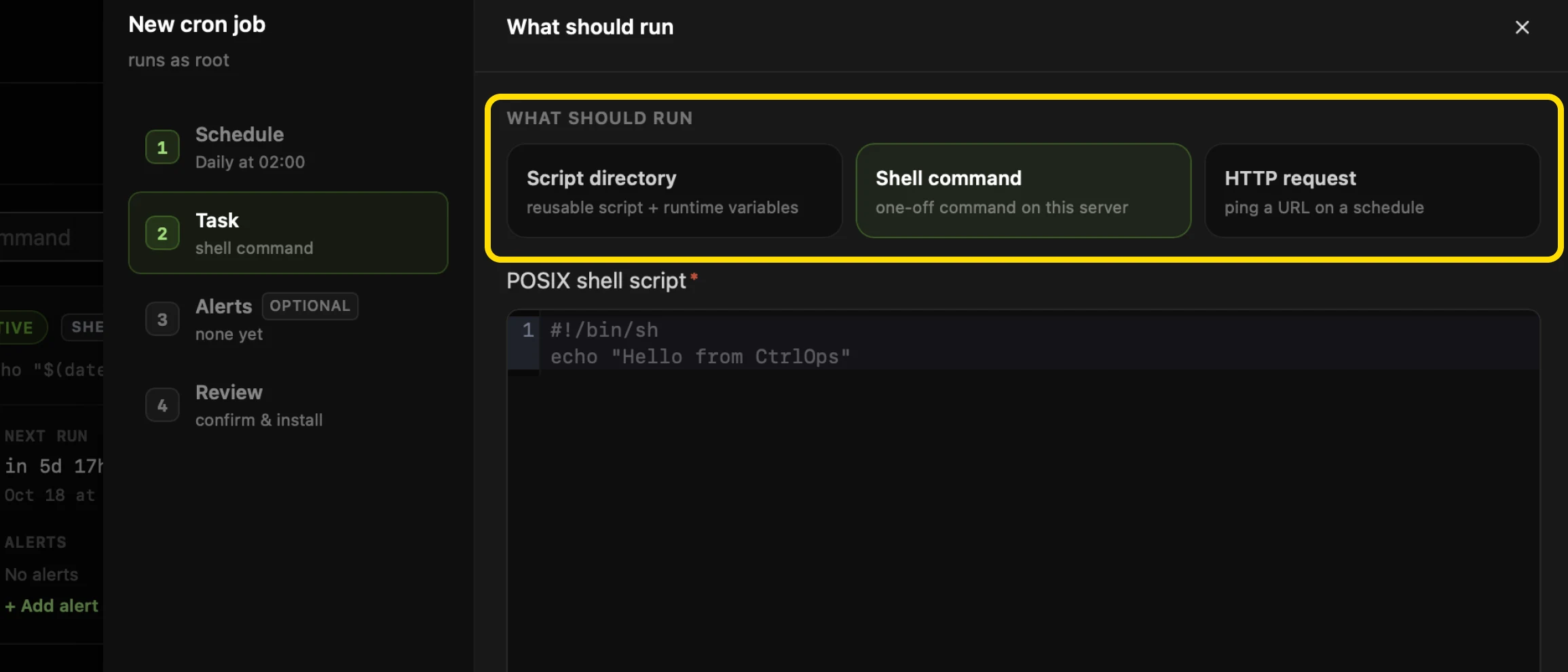 Step 2, What should run, of the CtrlOps new cron job panel with the Script directory, Shell command and HTTP request cards highlighted, Shell command selected, and a POSIX shell script editor below containing an echo command