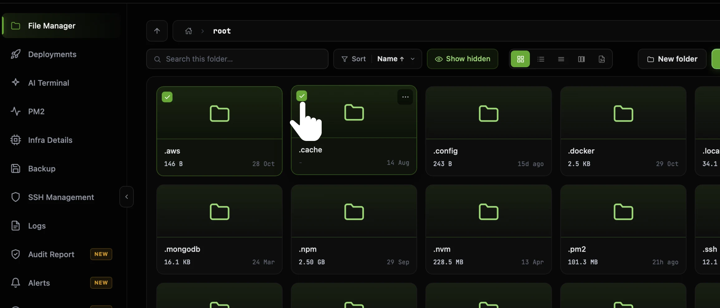 The CtrlOps File Manager grid with the .aws and .cache folder cards ticked and outlined in green, and the cursor on the checkbox in the top-left corner of the .cache card