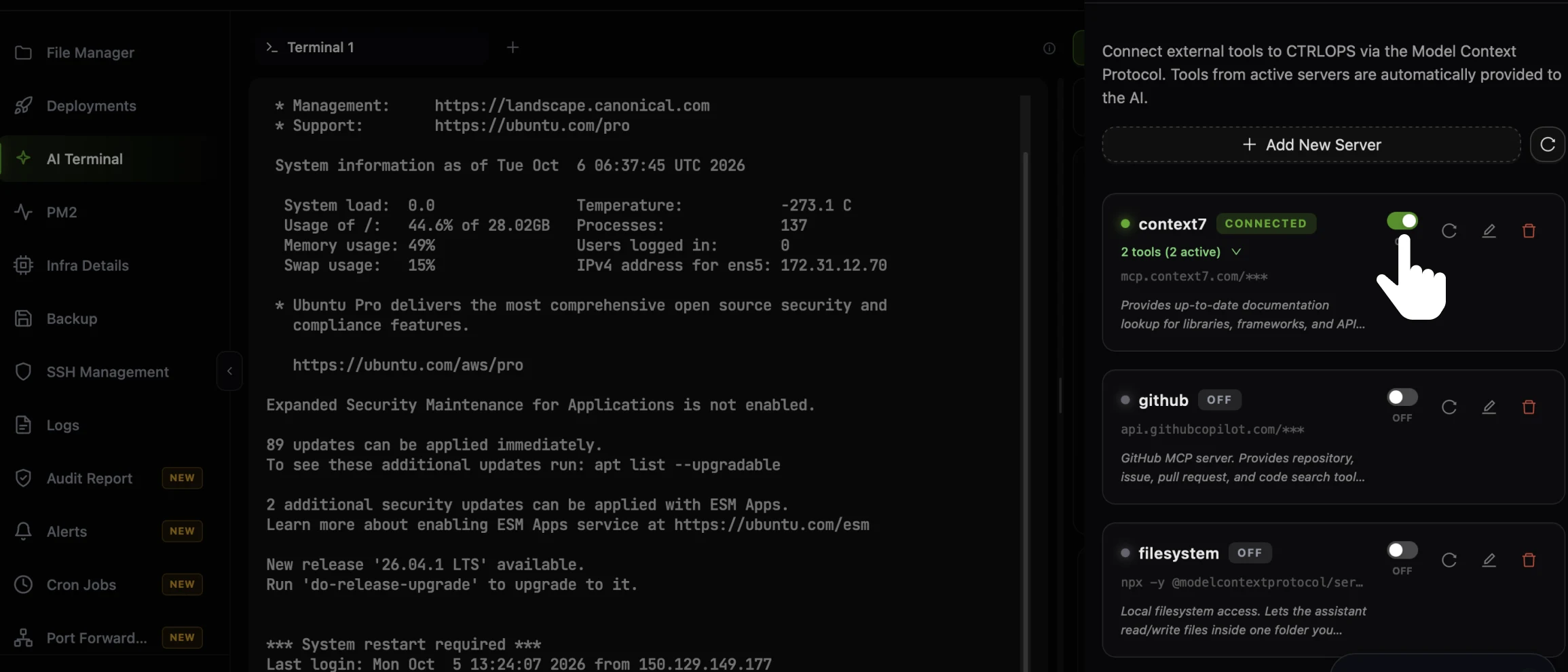The CtrlOps MCP Manager drawer with an Add New Server button at the top and three server cards: context7 marked CONNECTED with 2 tools (2 active) and the cursor on its green toggle, and github and filesystem both OFF, each with retry, edit and delete icons