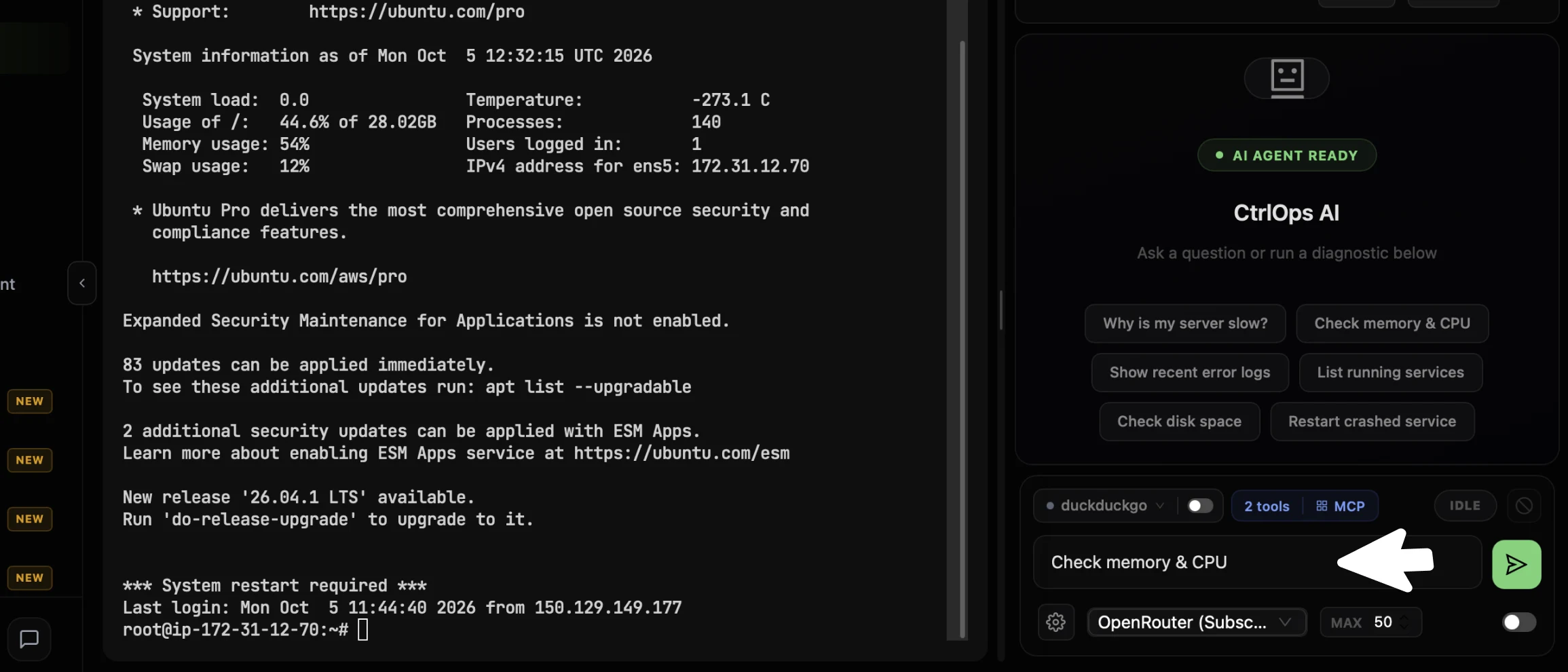The AI Assistant panel in the CtrlOps terminal with Check memory and CPU typed into the input box at the bottom, with the key dropdown and MAX steps field below it