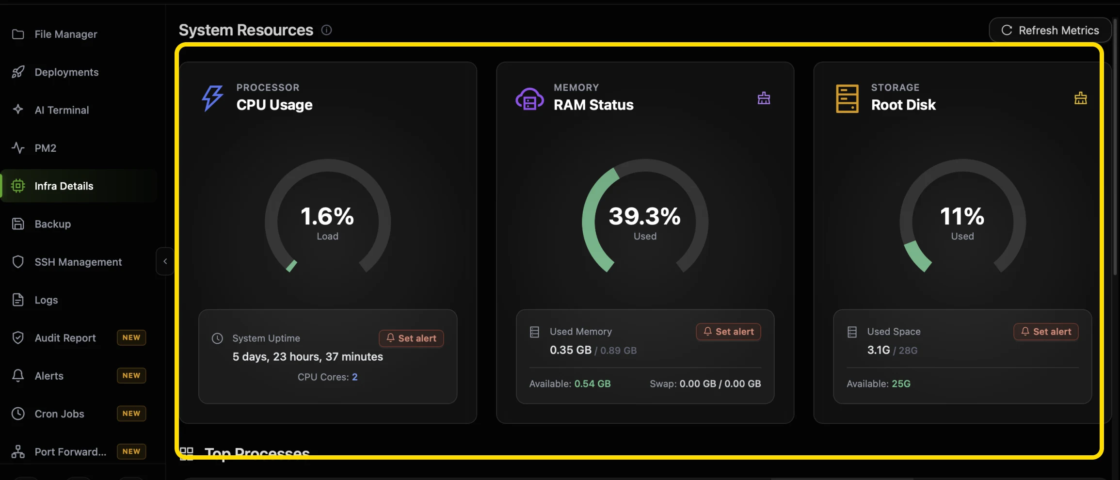 The three System Resources cards in CtrlOps highlighted: CPU Usage at 1.6% load with system uptime and 2 CPU cores, RAM Status at 39.3% used with used, available and swap figures, and Root Disk at 11% used with used and available space, each with a Set alert button