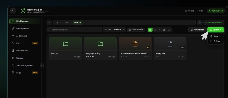 The CtrlOps File Manager toolbar with the green Upload button open, showing its Files and Folder options