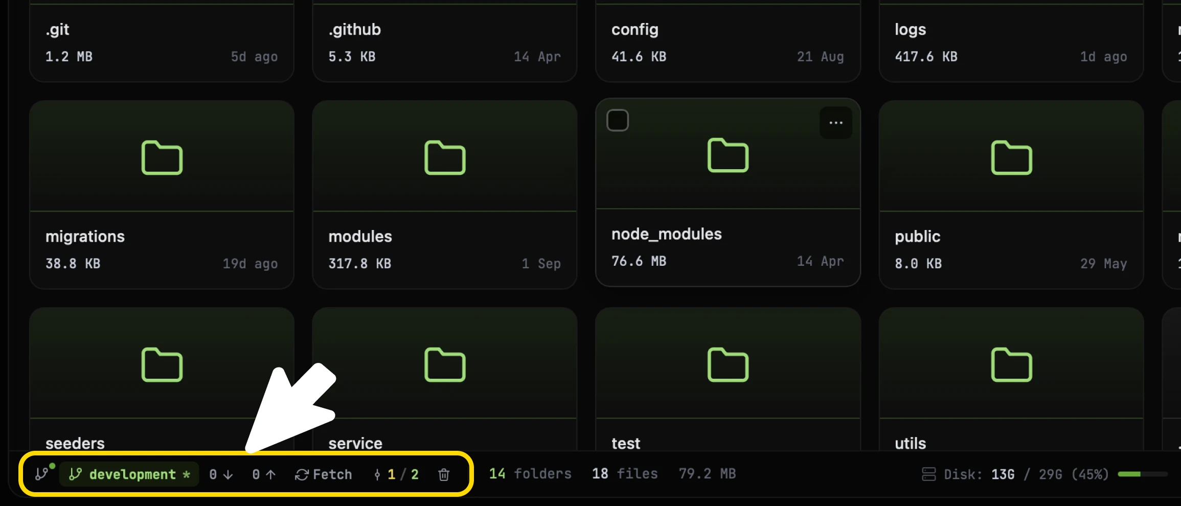 The bottom of the CtrlOps File Manager with an arrow on the git icon at the left of the status bar, circled in red, next to the 18 folders, 20 files and 4.85 GB counts