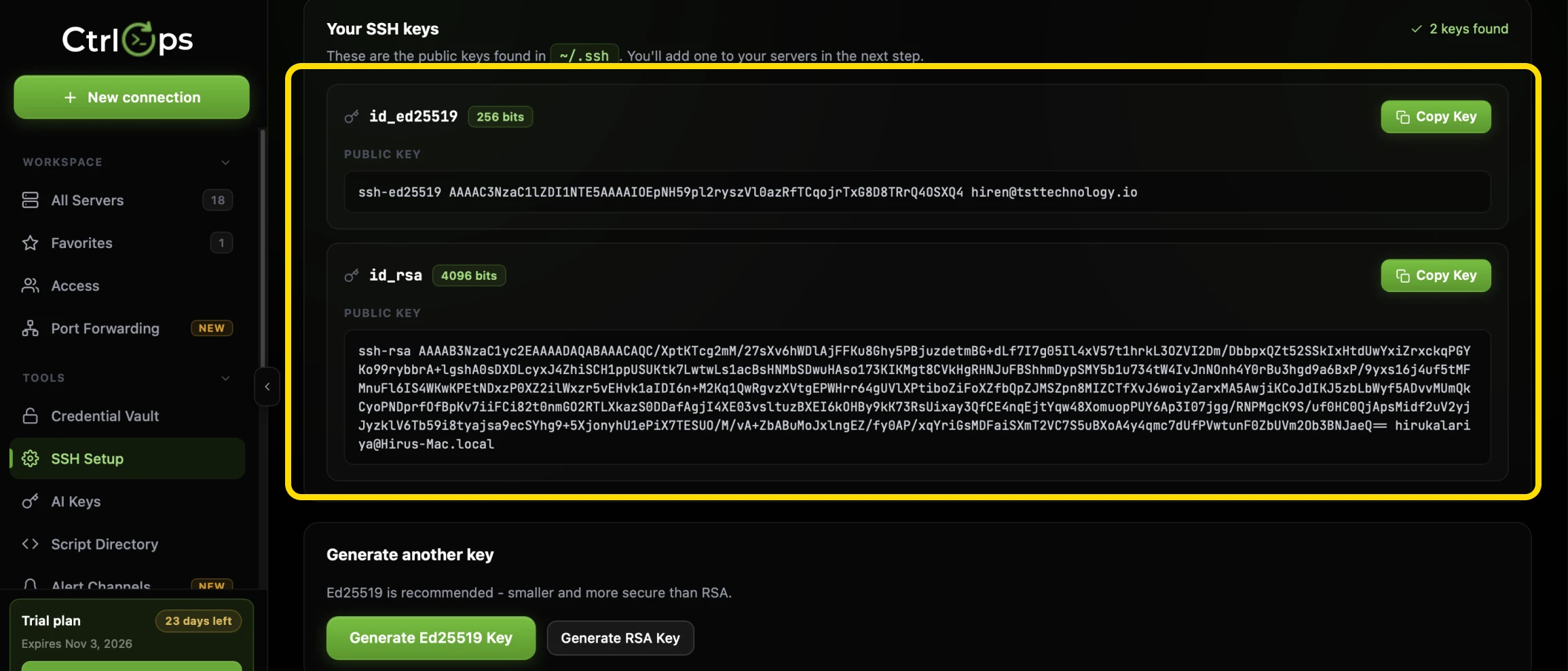 The Your SSH keys card of the CtrlOps SSH Setup wizard highlighted, reading 2 keys found, with the id_ed25519 key at 256 bits and the id_rsa key at 4096 bits each showing their full public key and a Copy Key button, above the Generate another key card with Generate Ed25519 Key and Generate RSA Key buttons