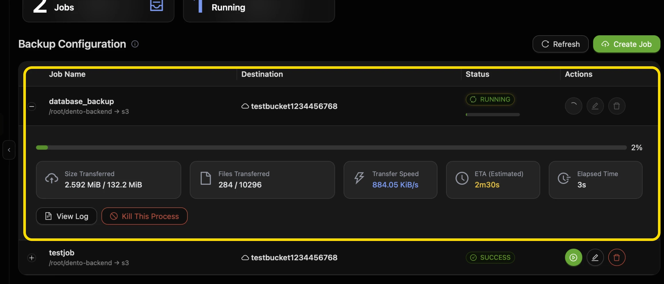 An expanded running job in the CtrlOps Backup Configuration table highlighted, with a RUNNING badge, a 2% progress bar, and Size Transferred, Files Transferred, Transfer Speed, ETA and Elapsed Time cards above View Log and Kill This Process buttons