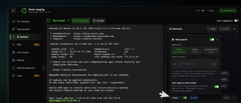 The Web search popover open in the CtrlOps AI Assistant panel, showing the Tavily, Brave and DuckDuckGo provider options, the Tavily API key field with its Test button, and the Auto-approve web actions toggle