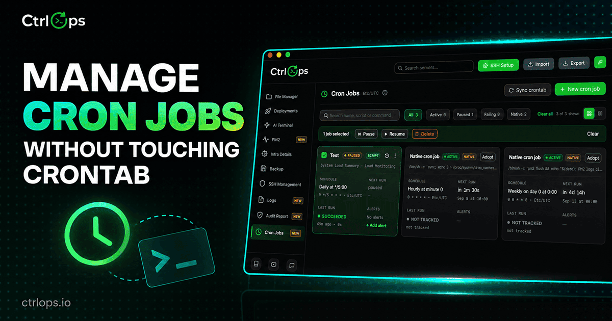 CtrlOps Cron Jobs list showing a daily job with its next run time, a succeeded last run, and a second job badged NATIVE with an Adopt button